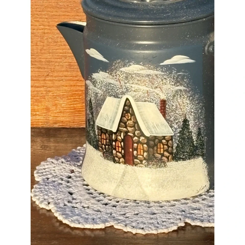 Vtg Light Blue Metal Pyres Coffee Pot Perculator Hand Painted Winter Home Scene